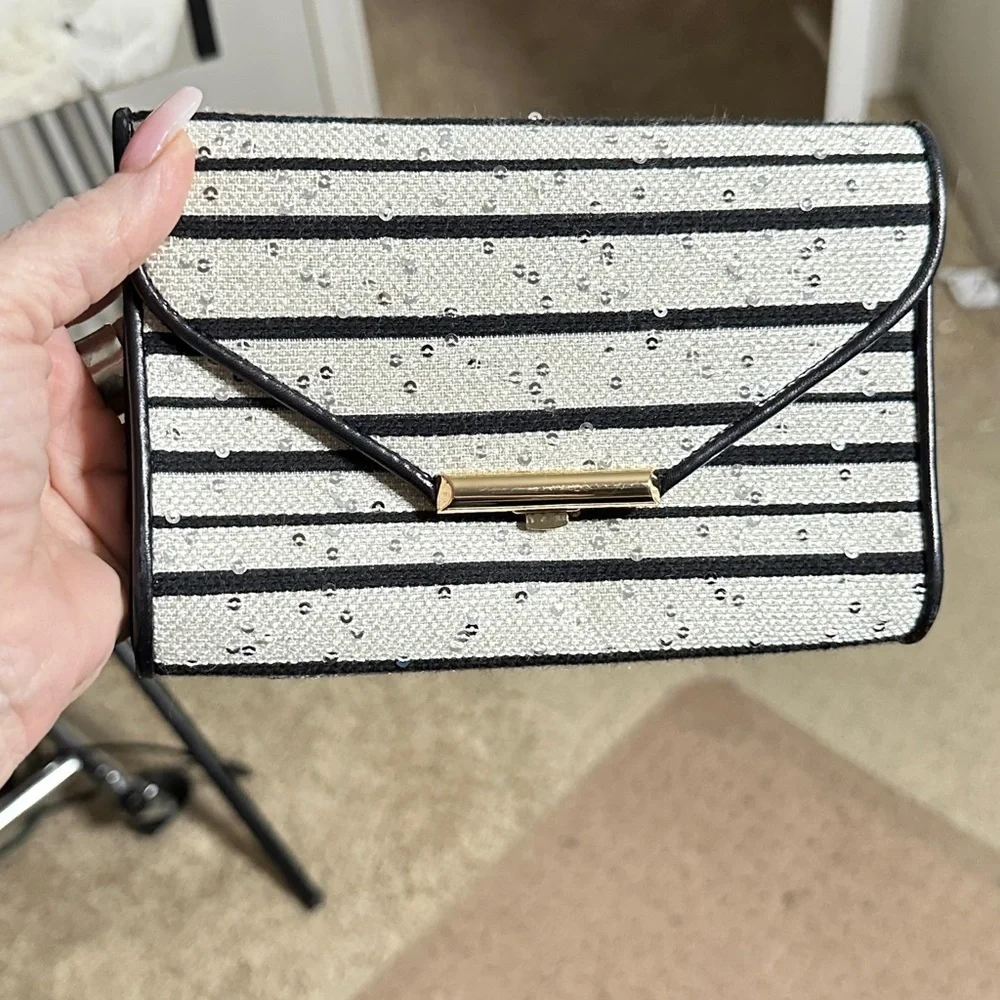 LK BENNET White Black Striped Beaded Lucy Flap Clutch Crossbody Chain Purse Bag